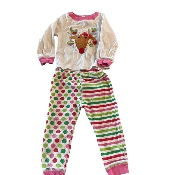 Mudpie two piece Reindeer appliqué Christmas shirt polka dot pants size 9-12 - Picture 2 of 12